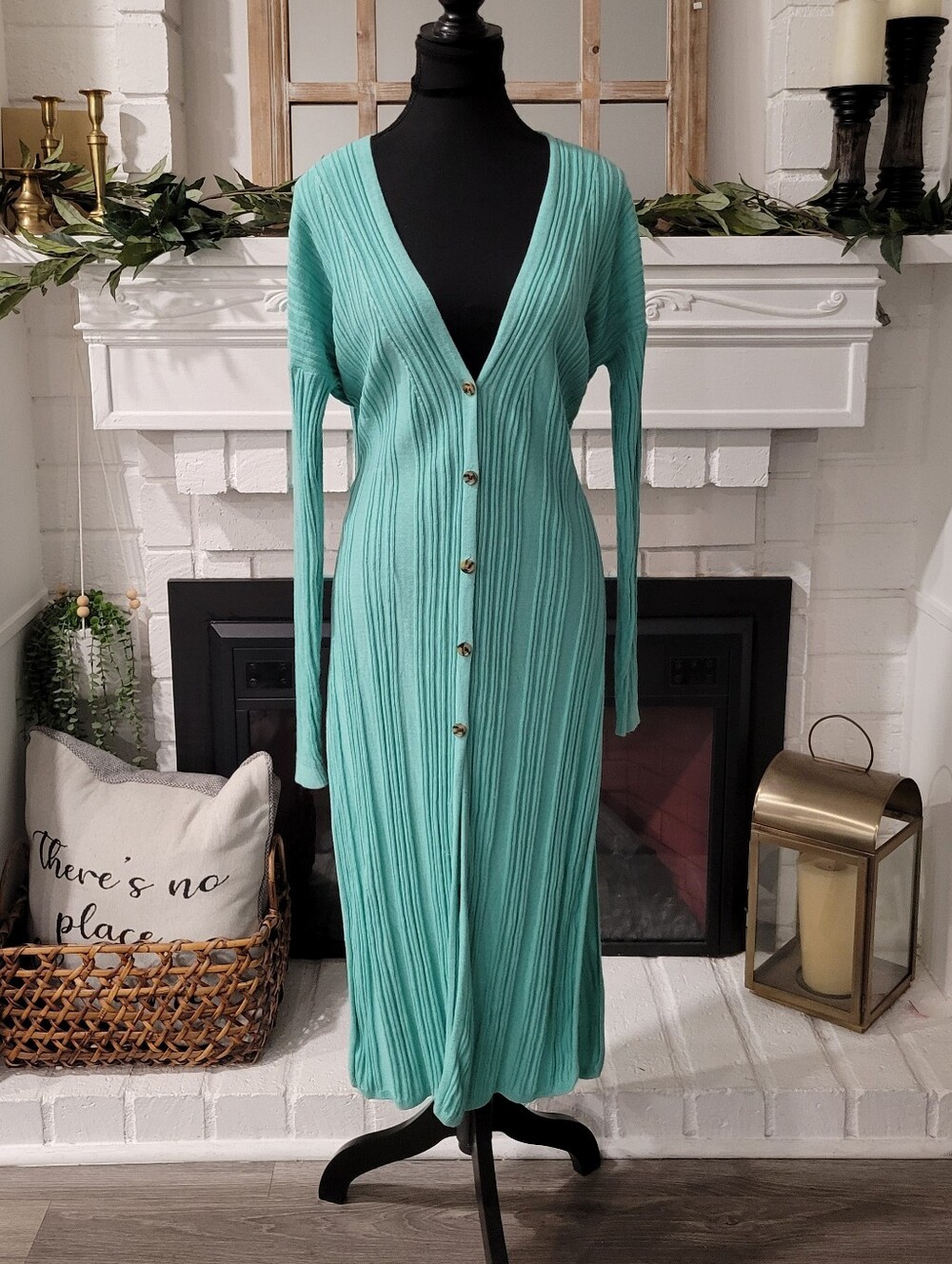 Free People Teal Ribbed Button-Front Duster Coastal Cardigan Medium